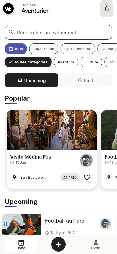 Page d'accueil avec liste d'événements